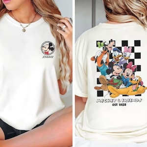 Camiseta de Mickey y sus amigos de doble cara, camiseta a cuadros de Disney Squad, atuendo retro para vacaciones familiares, top vintage de parque temático de ratones, tablero de ajedrez