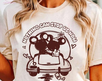 ミッキー＆ミニーの「Nothing Can Stop Us Now」シャツ、ディズニー・ランナウェイ・レールウェイのシャツ、マジックキングダムのシャツ、ディズニーランドの家族旅行のシャツ、誕生日プレゼント