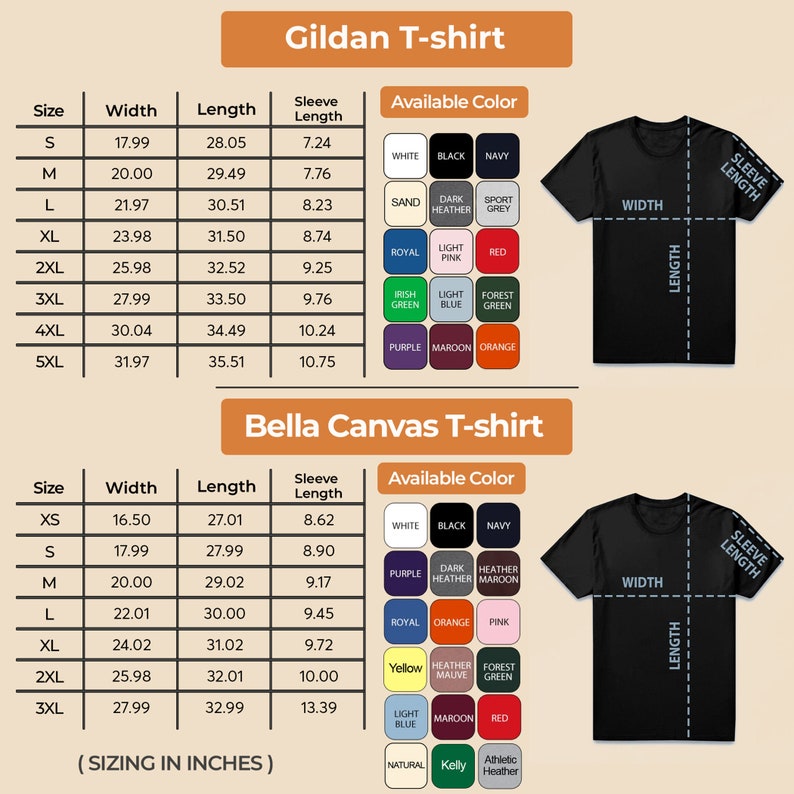 May include: Detailed size charts for Gildan and Bella Canvas t-shirts, including width, length, and sleeve length in inches. Available colors are listed for each brand, with a black t-shirt graphic for reference.