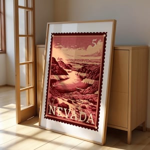 Nevada Stamp Digital Download Vintage Travel Poster Mountain Art Lake Mead & Hoover Dam Wall Decor Digital Download