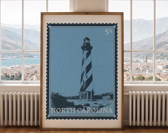Cape Hatteras Lighthouse Print, Outer Banks Wall Art, North Carolina Coastal Decor, Nautical Stamp Poster, Printable Digital Download