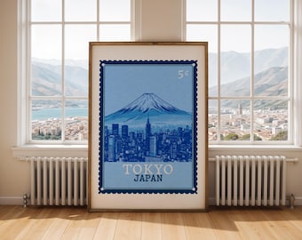 Fuji-Motiv-Druck: Vintage-Briefmarkenkunst aus Tokio, Japan (Digitaler Download)