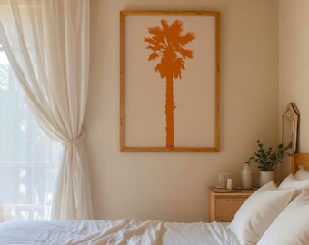 Muurdecoratie met strandthema: levendige oranje palmboomprint voor een kustdecoratie