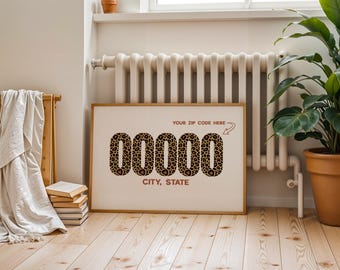 Aangepaste postcodeposter gepersonaliseerde stadsstaat muurkunst luipaardprint (digitale download)