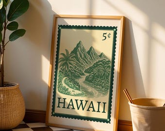 Muurkunst reisposter Hawaii: vintage bergpostzegel (digitale download)
