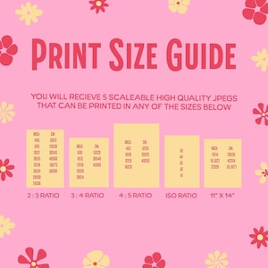 A pink graphic with red and yellow flowers displays "PRINT SIZE GUIDE" and lists various print sizes in inches and ISO ratios.