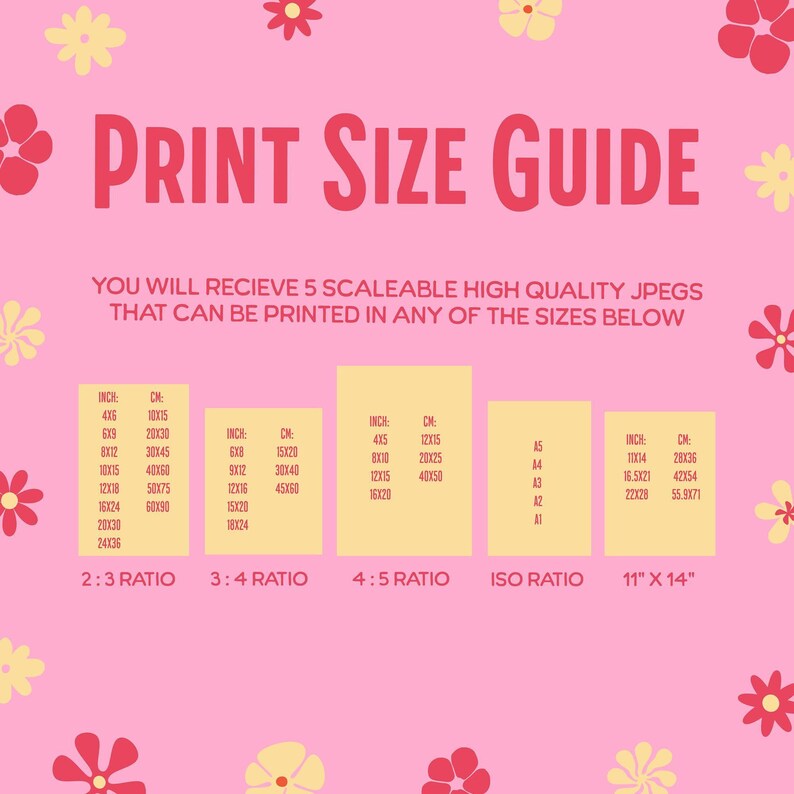 A pink graphic with red and yellow flowers displays "PRINT SIZE GUIDE" and lists various print sizes in inches and ISO ratios.