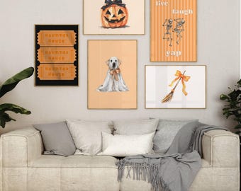 Festive Halloween Wall Art Bundle, Set of 5 Vintage Prints for Spooky Decor