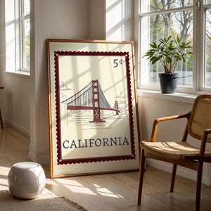 Impresión de viaje de California, puente Golden Gate, sello vintage, arte, descarga digital, decoración de pared, póster imprimible de San Francisco
