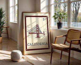 California Travel Print Golden Gate Bridge Vintage Stamp Art Digital Download Wall Decor San Francisco Printable Poster