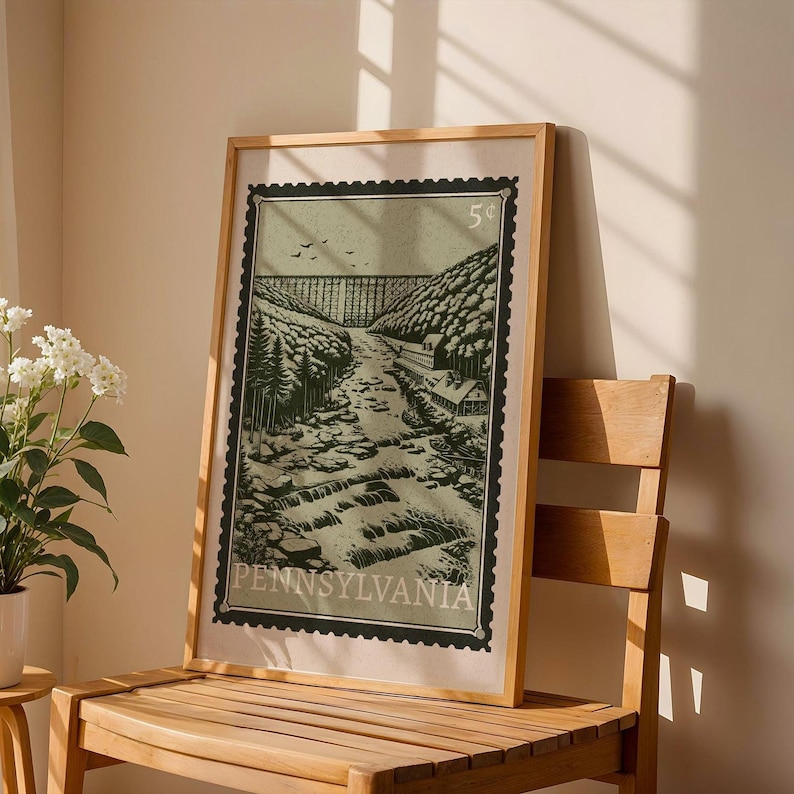 A framed print, designed like a vintage postage stamp, depicts a river valley with a viaduct, trees, and buildings, leaning against a wooden chair next to a plant.