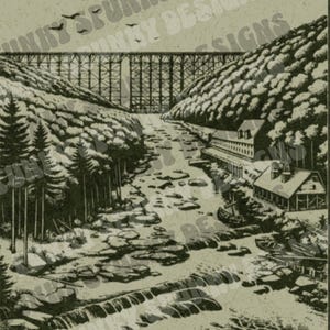 A close-up of the print design shows a river valley with a large viaduct, dense trees, and two small buildings, with "FUNKY DESIGNS" watermarks.