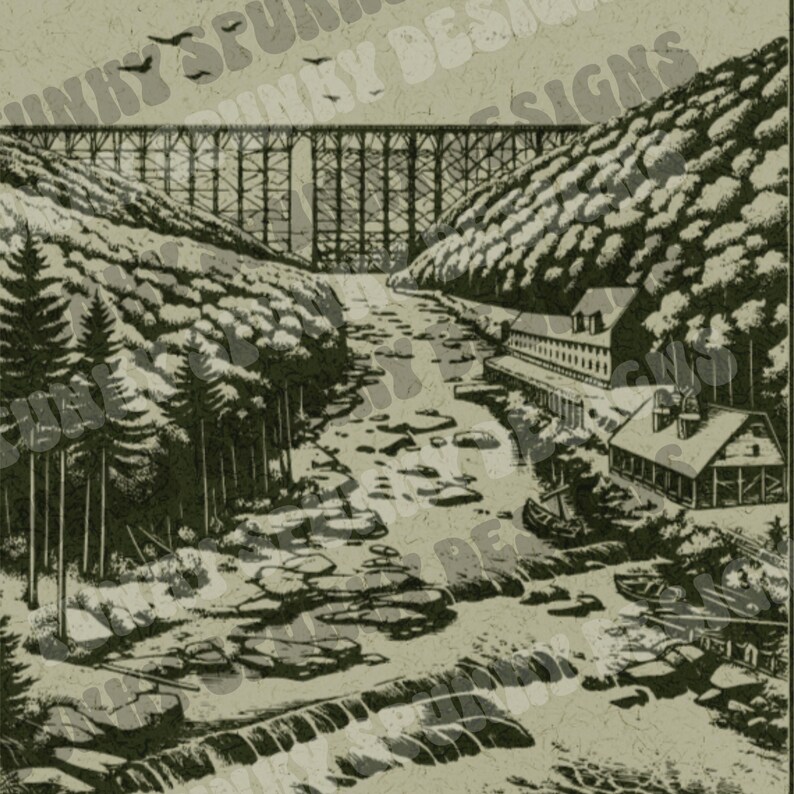 A close-up of the print design shows a river valley with a large viaduct, dense trees, and two small buildings, with "FUNKY DESIGNS" watermarks.