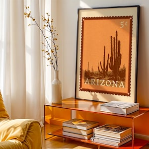 Póster imprimible de arte de viaje a Arizona / Sello digital "Atardecer con cactus del desierto", decoración de pared del suroeste, descarga instantánea