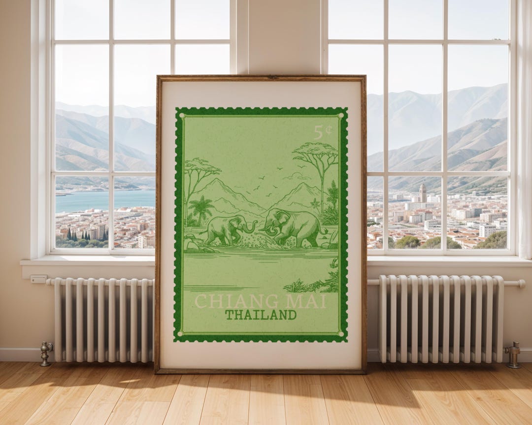 Chiang Mai Thailand Mid Century Stamp Art Elephant Poster (digital ...