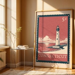 Conneticut Stempel Digitaldruck | Vintage Reiseplakat, Leuchtturm Kunst & Natur Wanddekoration, Ostküste Dekor