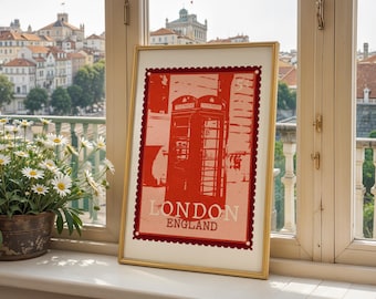 Póster de viaje de cabina telefónica británica con sellos de Londres de mediados de siglo (descarga digital)