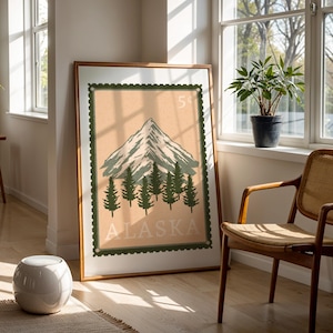Impresión digital de sellos de Alaska / Póster de viaje vintage, arte de montaña y decoración de pared natural, decoración imprimible para el hogar