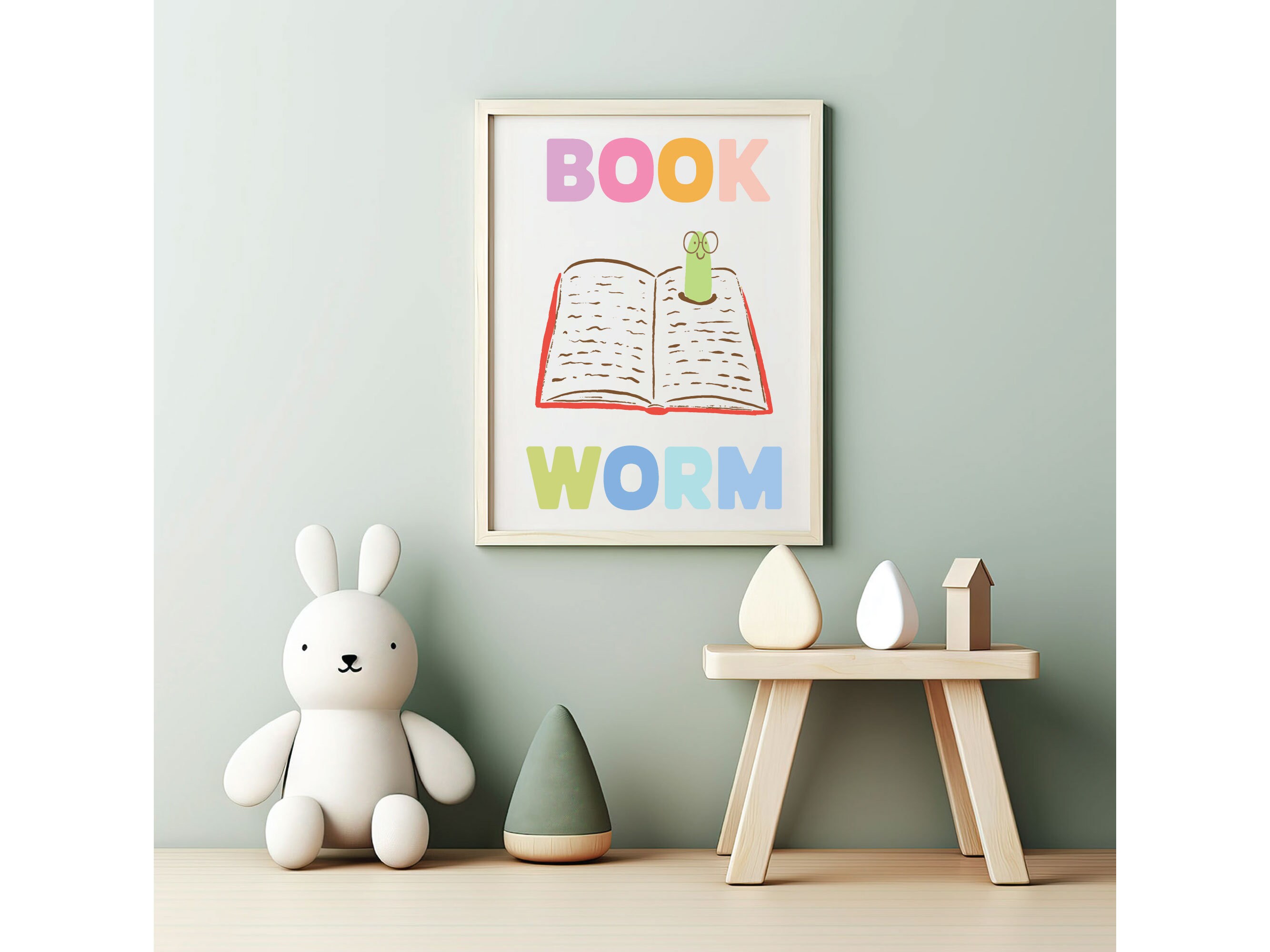 Cute Bookworm Digital Art Print for Book Lovers, Unisex Gender Neutral ...
