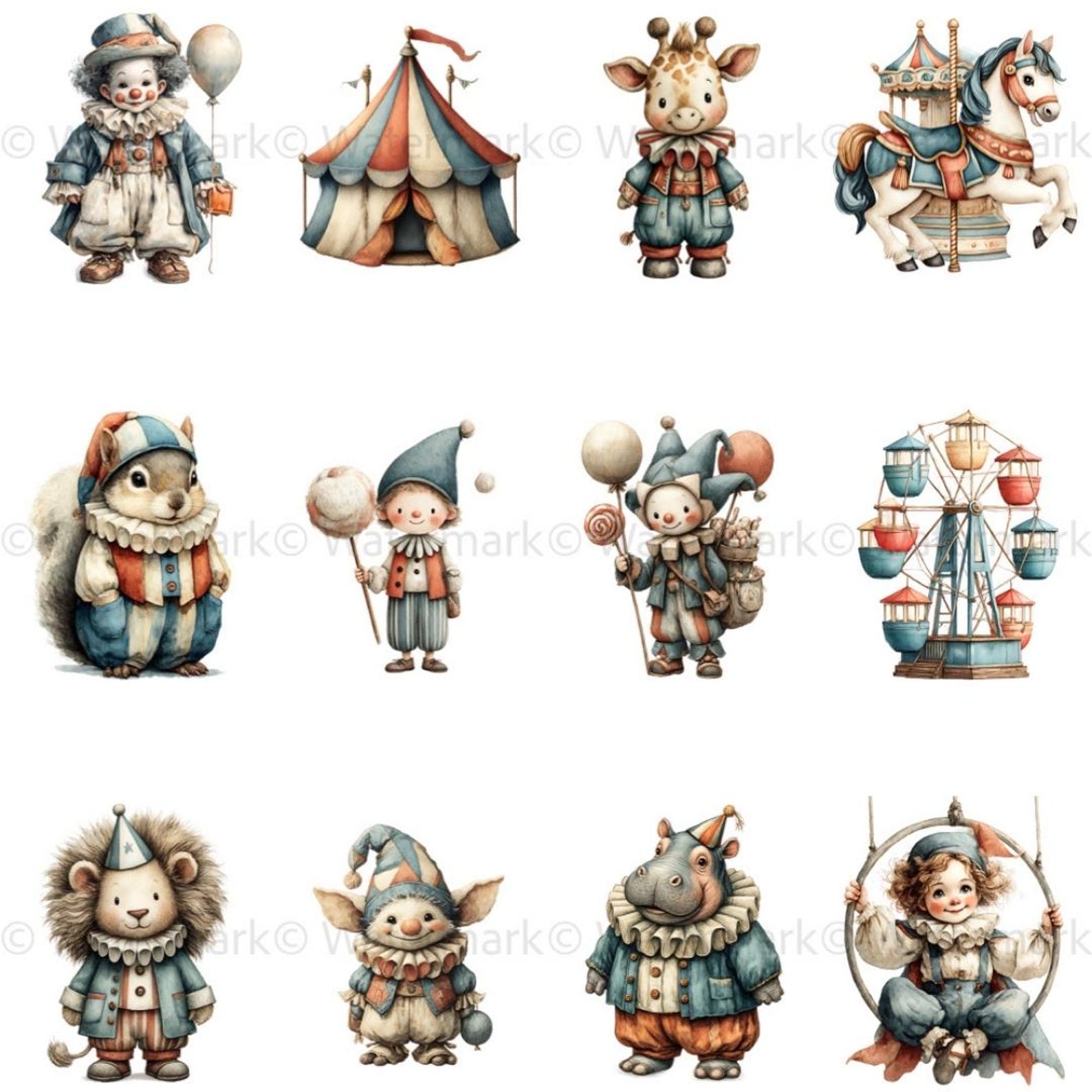 Pastel Circus Tent Clipart: Watercolor Carnival Animals (digital ...