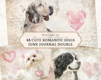 May include: Welcome to 48 Cute Romantic Dogs Junk Journal Double. Collage sheet with three images of dogs with hearts. The dogs are a black and white hound, a white Maltese, and a black and white Bernese Mountain Dog.
