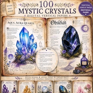 May include: A digital paper set titled 100 Mystic Crystals featuring illustrated pages of Aqua Aura Quartz and Obsidian. The pages include detailed text, crystal graphics, botanical accents, and a circular overlay highlighting properties and lore.