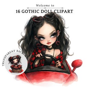 Gothic Doll Clipart PNG, Gothic Girl Clipart, Whimsical Girls, Fashion Girl Clipart, Mixed Media Clipart, Junk Journal Kit, Scrapbooking