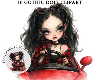 Gothic Doll Clipart PNG: Whimsical Fashion Girls Transparent Background (Digital Download)