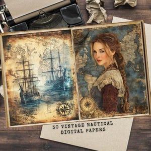 vintage Nautical Junk Journal, papiers numériques, cartes des océans, marins, animaux marins, aventure maritime sur le thème de la côte, usage commercial, instantané