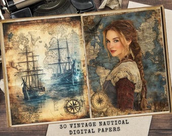 Vintage Nautical Junk Journal: Ocean Maps, Sea Animals (Digital Download)