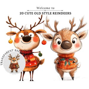 Clipart renne fait main vintage Style ancien - graphiques de Noël drôles - renne aquarelle PNG - Clipart renne original aquarelle