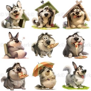 May include: A collection of cartoon dog illustrations in various poses. Some dogs are in dog houses, eating pizza, or holding an umbrella. The dogs are primarily gray and white with expressive faces and playful expressions.