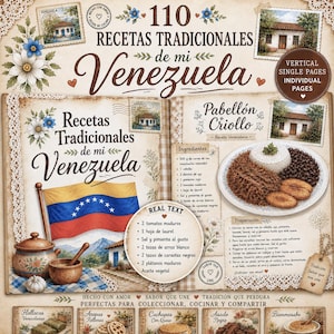 Venezolanisches Rezept-Journal, traditionelle venezolanische Kochbuchseiten, druckbare lateinische Küchenpapiere, venezolanische Ephemera