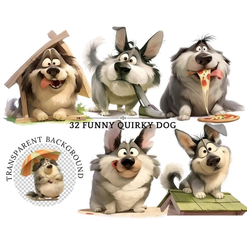 Quirky Dog Clipart PNG Bundle | Whimsical Dogs | Sublimation Clip Art Animals | Puppy Whimsy Graphics | Funny Pets | Elongated Dog Illustration