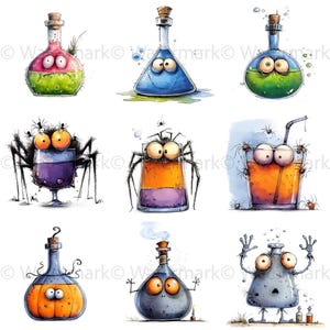 May include: A collection of whimsical, cartoon-style illustrations featuring various potion bottles and glasses with expressive, googly eyes. The bottles contain colorful liquids in shades of pink, green, blue, and orange. Some designs include spiders and cork stoppers, perfect for Halloween.
