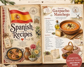Spanish Recipe Journal Kit, Mediterranean Cookbook Pages, Traditional Spain Food Ephemera, Vintage Kitchen Printables