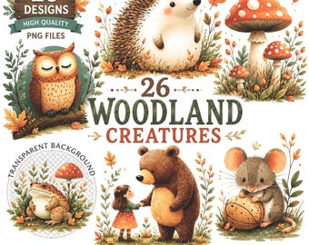 May include: A digital collection of 26 woodland creatures and nature illustrations featuring a hedgehog, owl, bear, mouse, frog, and mushrooms. The text reads 26 DESIGNS HIGH QUALITY PNG FILES and 26 WOODLAND CREATURES with autumn leaves.