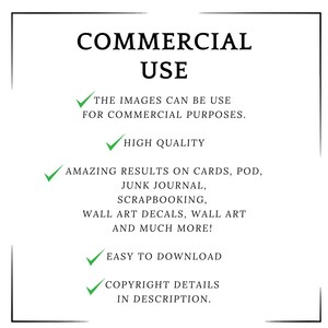 Puede incluir: Fondo blanco con texto negro que indica "USO COMERCIAL". El texto destaca que las im&aacute;genes son para fines comerciales, de alta calidad y f&aacute;ciles de descargar. Tambi&eacute;n menciona resultados sorprendentes en tarjetas, POD, junk journals, scrapbooking y calcoman&iacute;as de pared.