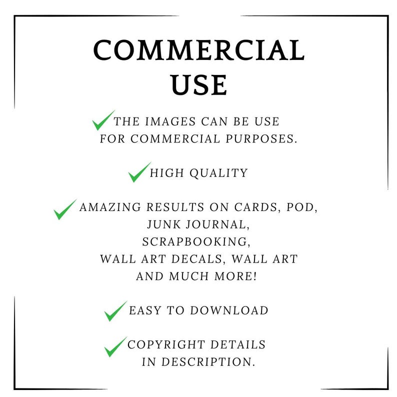 Puede incluir: Fondo blanco con texto negro que indica "USO COMERCIAL". El texto destaca que las im&aacute;genes son para fines comerciales, de alta calidad y f&aacute;ciles de descargar. Tambi&eacute;n menciona resultados sorprendentes en tarjetas, POD, junk journals, scrapbooking y calcoman&iacute;as de pared.