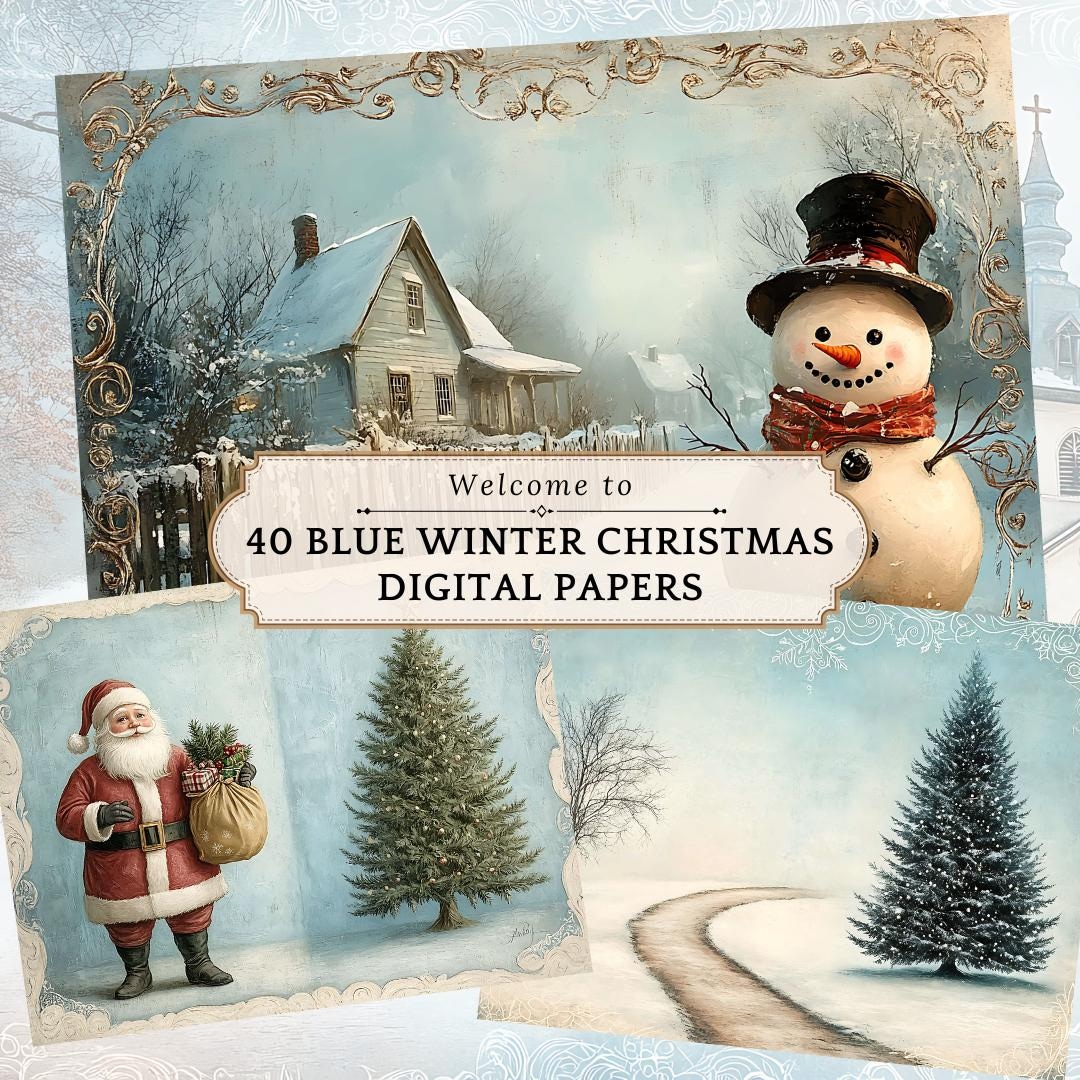 Blue Winter Christmas Junk Journal Kit: Vintage Digital Horizontal ...