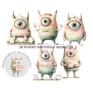 Birthday Monster Watercolor Clipart Set | Cute Cartoon | PNG | High Resolution | Transparent Background | Hand Drawn | High Resolution