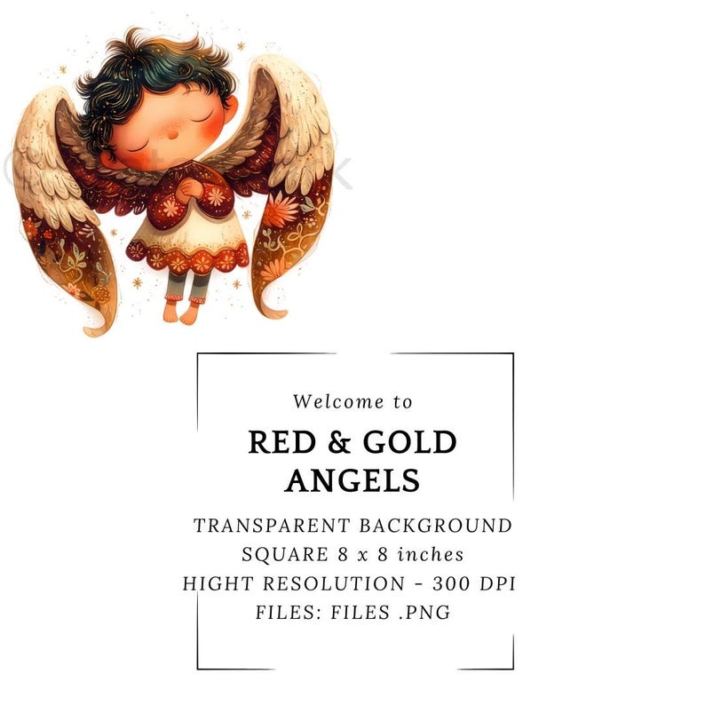 May include: A digital illustration of a red and gold angel with wings. The angel has a brown halo and is wearing a red and gold dress. The background is white.