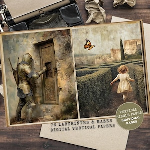 Puede incluir: Papeles verticales digitales con escenas medievales. Una imagen muestra un caballero con armadura en una puerta de piedra, la otra un niño en un laberinto con una mariposa. El texto dice "76 Labyrinths & Mazes Digital Vertical Papers".