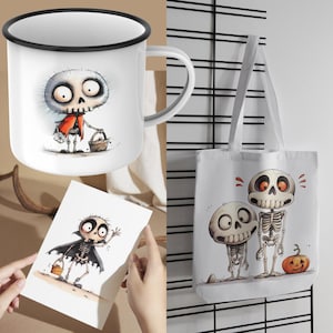 May include: A set of Halloween-themed products featuring cartoon skeletons. The set includes a white enamel mug with a black rim, a white tote bag, and a white card with a cartoon skeleton holding a basket. The mug and tote bag feature a cartoon skeleton with a red cape and a basket. The card features a cartoon skeleton with a black cape and a basket.