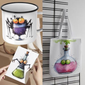 May include: A white enamel mug with a black rim features a whimsical illustration of a spider with a wine glass filled with purple liquid. A white tote bag displays a cartoon potion bottle with green eyes and a pink liquid. A greeting card shows a cartoon potion bottle.