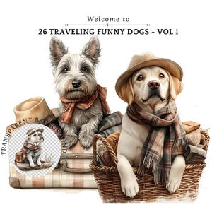 Reisehunde mit Koffern - witzige verrückte Hunde Clipart - süße Hunde Grafiken - Digital Art für T-Shirts und Tassen - wunderliche verrückte Hunde