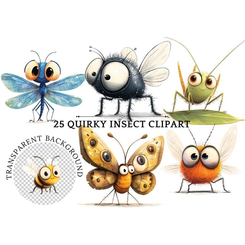Whimsical Bugs PNG, Quirky Animals Insects Digital Art PNG, Printable Insects, Funny Cute Bugs, Ants, Fly, Grasshopper, bee, Commercial Use
