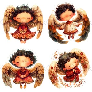 May include: Four illustrations of angels with brown wings and golden accents. Each angel has brown hair, closed eyes, and is wearing a red, gold, or white dress. The angels are depicted with a soft, whimsical style.
