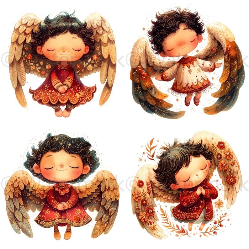 May include: Four illustrations of angels with brown wings and golden accents. Each angel has brown hair, closed eyes, and is wearing a red, gold, or white dress. The angels are depicted with a soft, whimsical style.