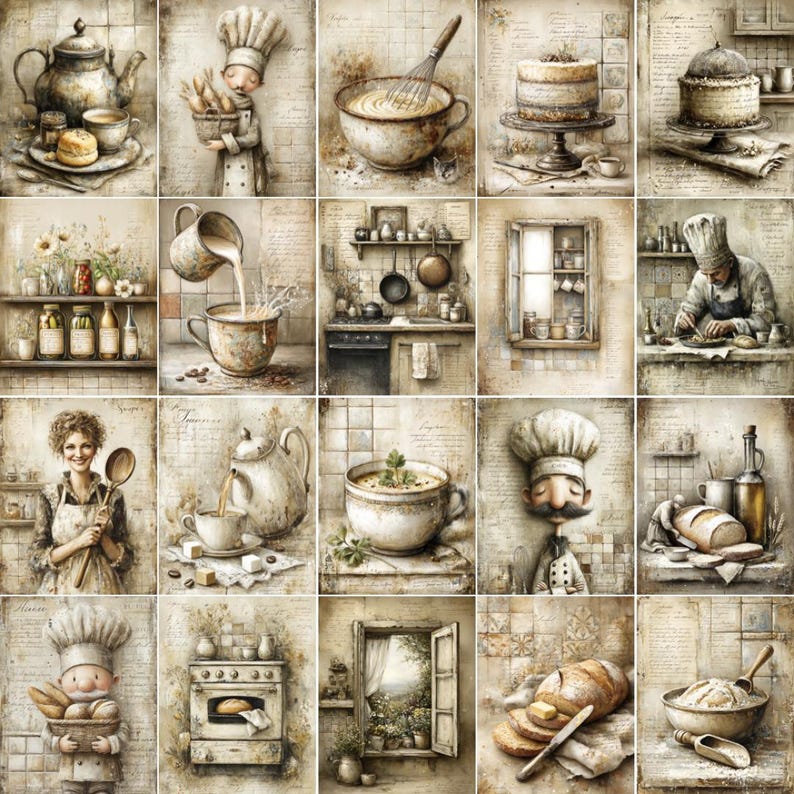 May include: A collection of sepia-toned illustrations with a vintage aesthetic, depicting culinary scenes. The images include teapots, chefs, cakes, kitchen settings with cooking tools, and various baked items.